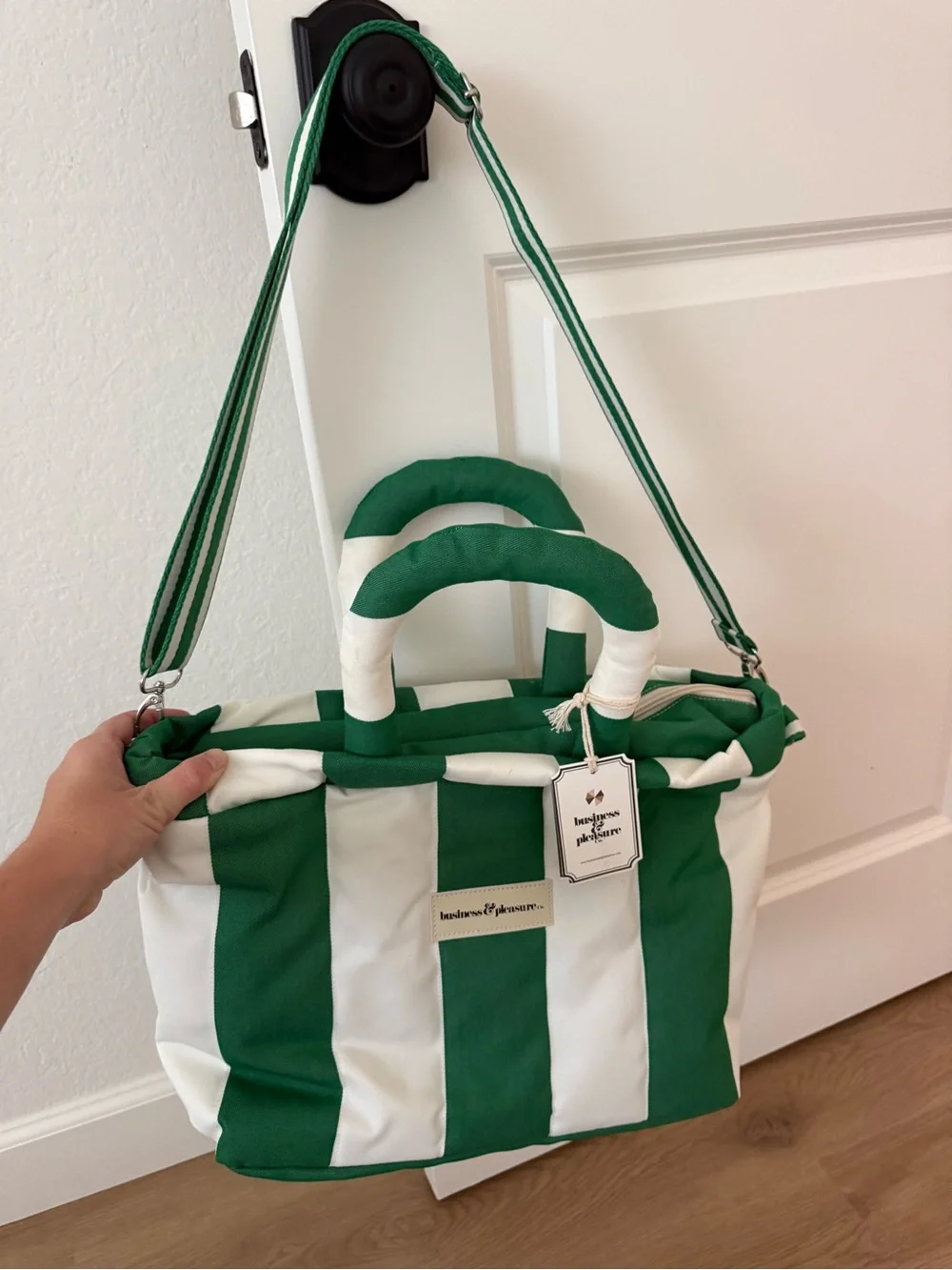 Business & Pleasure Green & White Striped Cooler Tote with Detachable Strap